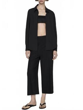 Mango Linen Blend Cropped Wide Leg Linen Pants NWT Black Size XS